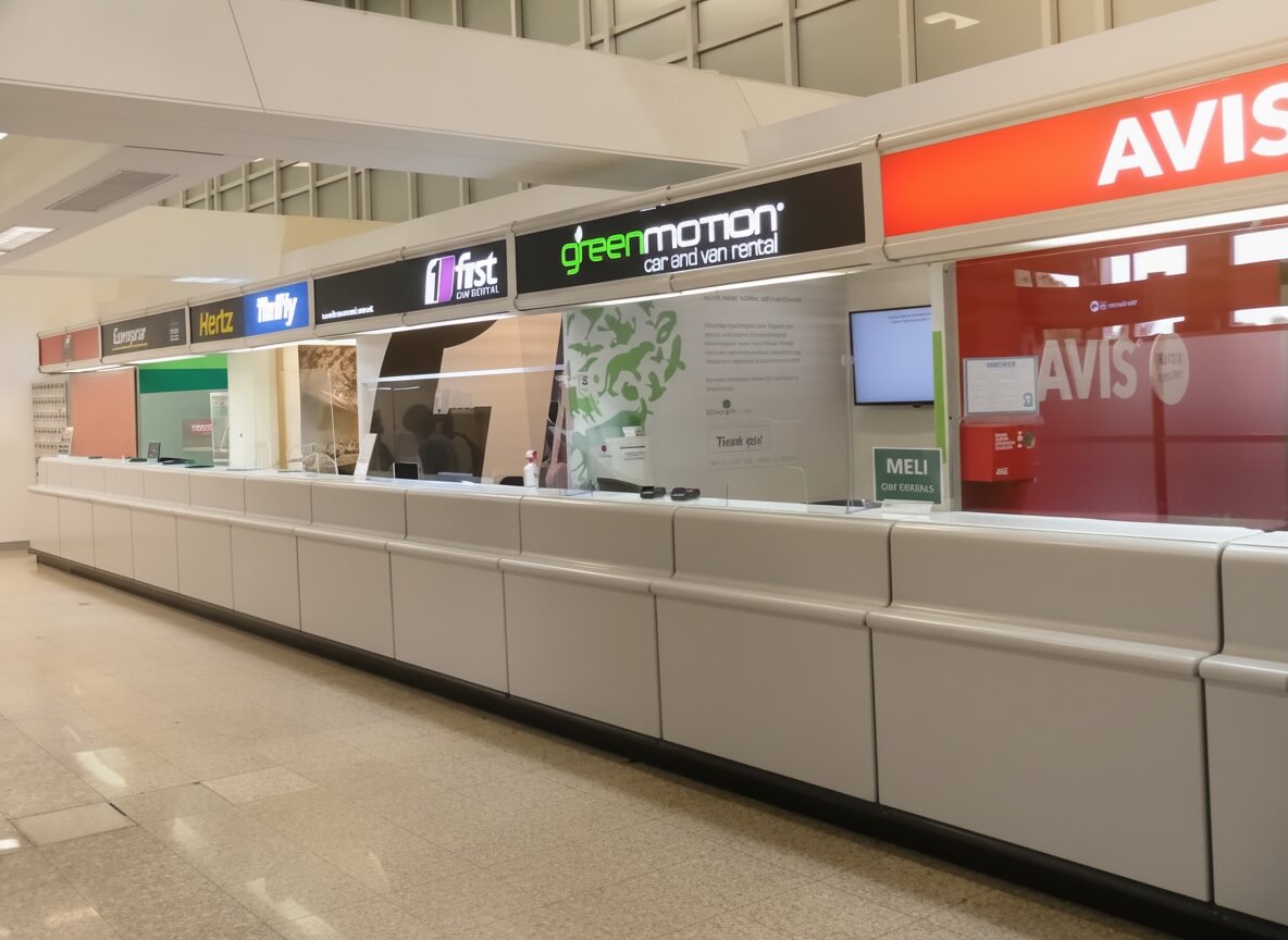 Car hire desks inside Malta International Airport arrivals hall
