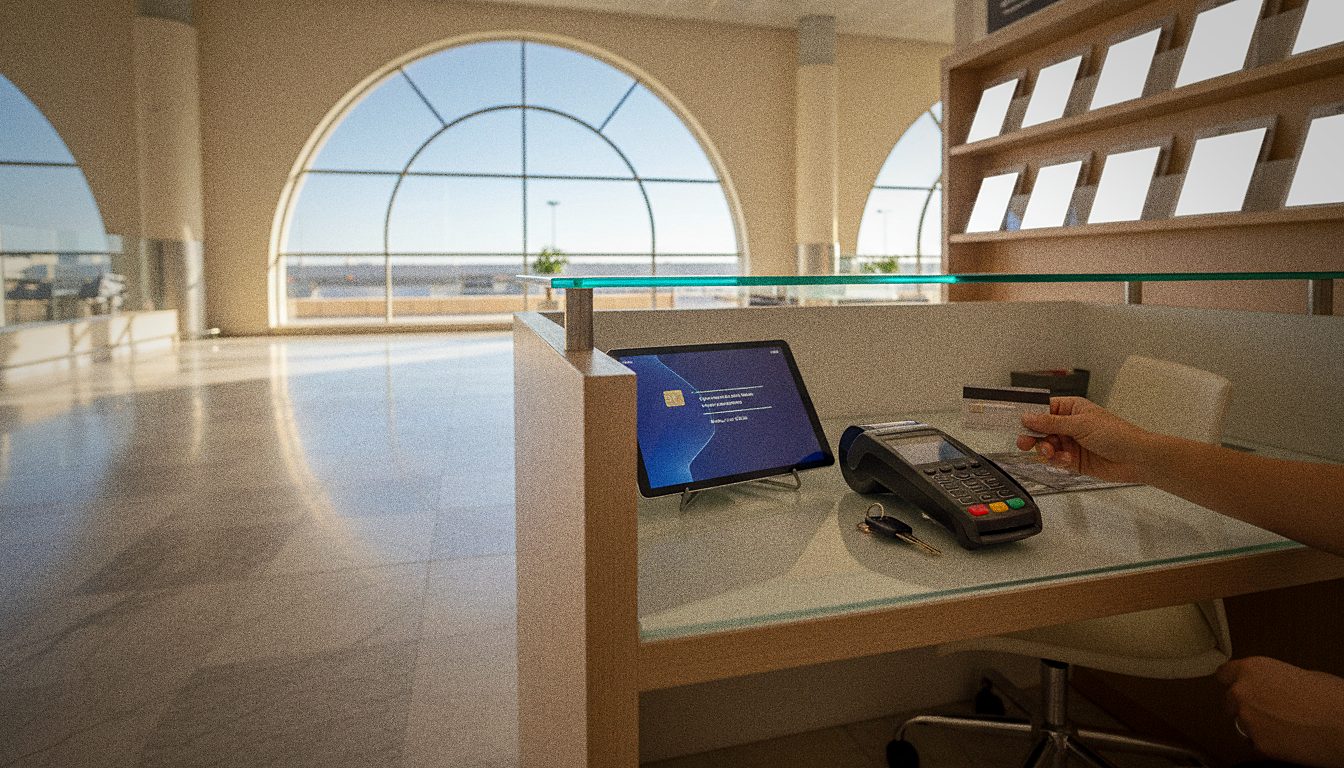 Płatność kartą debetową za wynajem auta przy stanowisku na lotnisku na Malcie